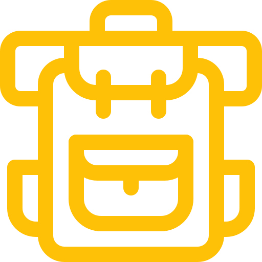 Yellow outlined backpack icon on transparent background.