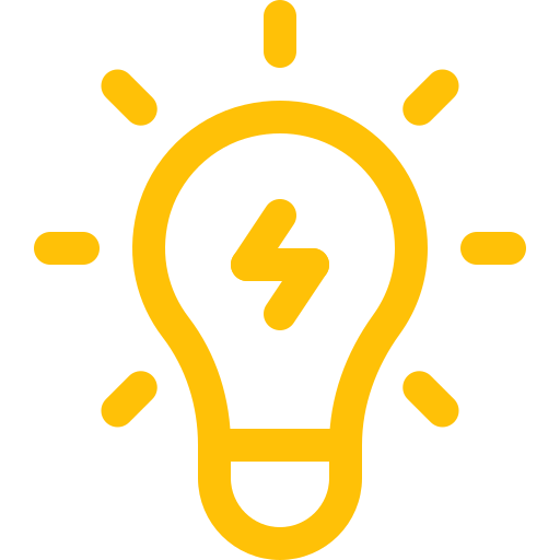 Yellow light bulb icon with a lightning bolt inside, radiating lines around it.